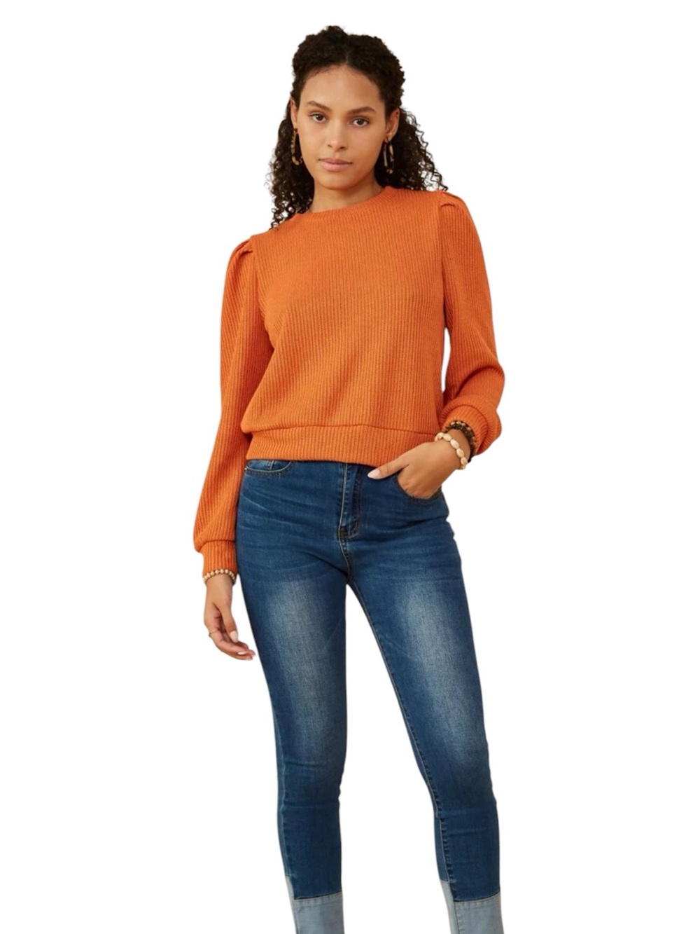 Hayden LA Ribbed Knit Banded Detail Mock Neck Top in Rust